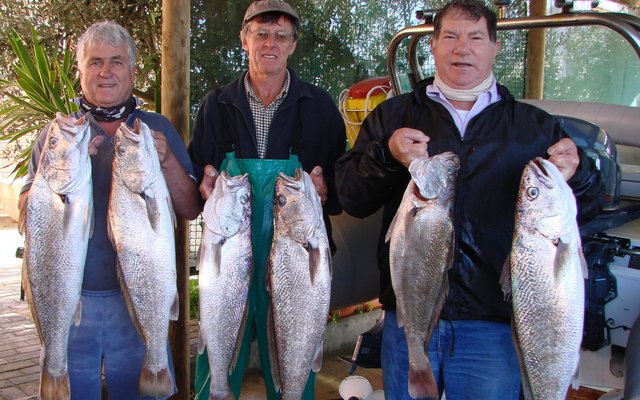 Vlnr is drie Birkenhead Boothengelklublede, Johan Burmeister (wedstrydsekretaris), Lulof Doyer (lid) en Philip Fourie (voorsitter) met 6 van die pragtige kabeljoue wat hulle naby Kleinbaai â€œin die diepâ€ vanaf Johan se boot, Nu-Nu gevang het. In totaal het hulle 15 kabeljoue gevang met gewigte tussen 3kg en 7kg. Dan het hulle ook 6 mooi geelbekke, stokvis en makriel gevang. Jammer vir hierdie boothengelaars dat dit nie â€˜n Birkenhead Boothengelkompetisie was nie - dan sou hulle beslis â€˜n beduidende verskil aan hulle punte vir die einde van die jaar gemaak het!  